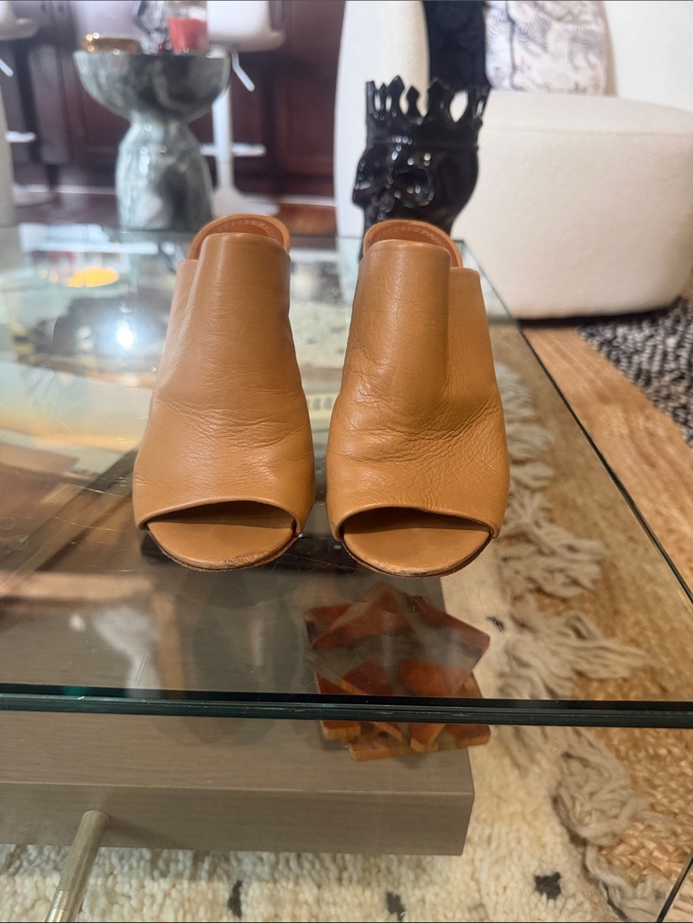Tory Burch Tan Leather Peep-Toe Mule
